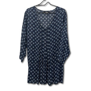 Chelsea Studio Navy Blue Floral Print Front Tie Back Blouse Woman Size 2X 26-28